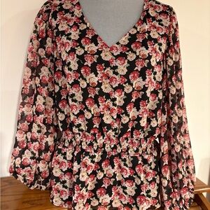 PHILOSOPHY Womens Floral V-Neck elastic waist Blouse Black and shades of pink XL